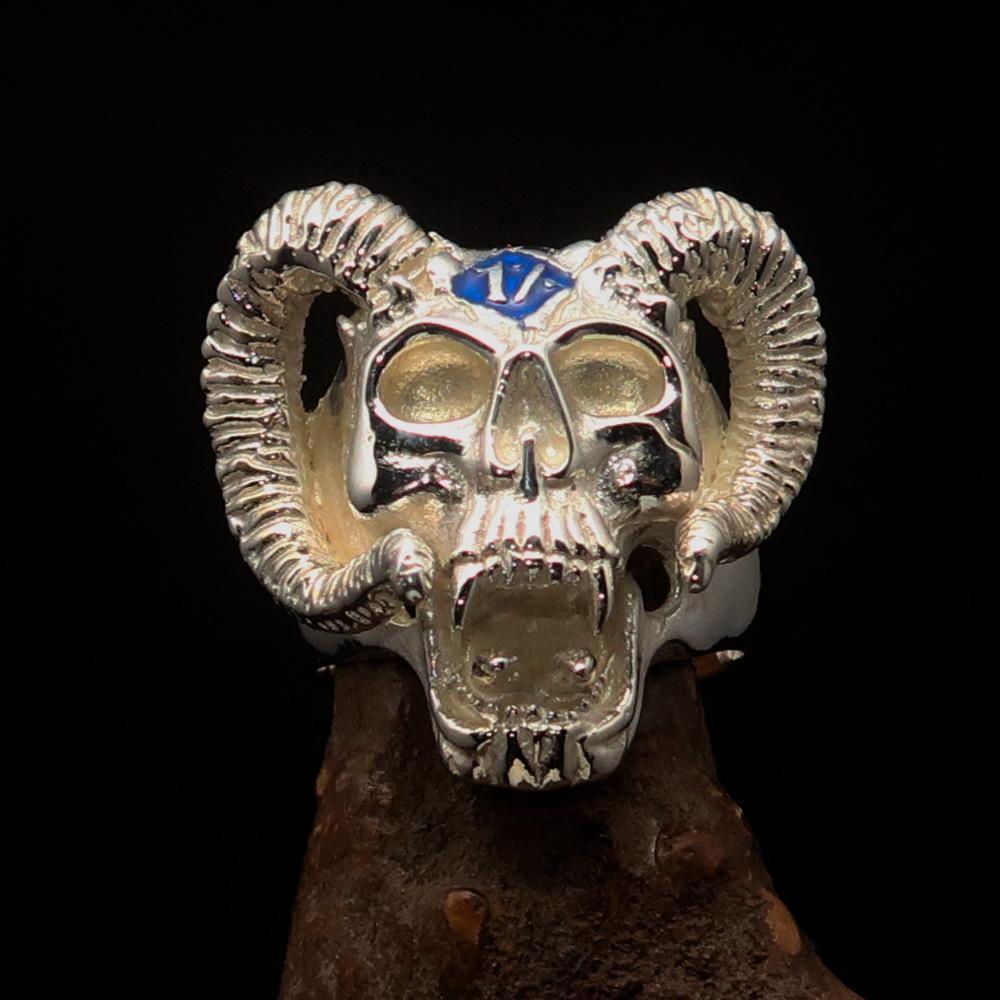Excellent crafted Men's blue 1% Ram Skull Outlaw Ring - Sterling Silver-1