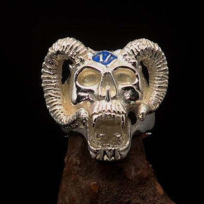 Excellent crafted Men's blue 1% Ram Skull Outlaw Ring - Sterling Silver-1