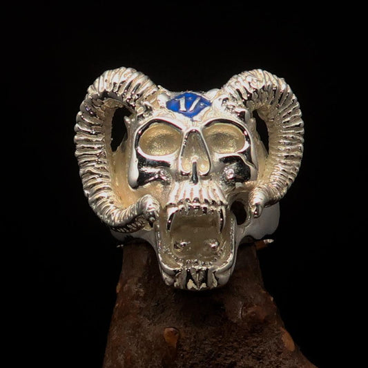 Excellent crafted Men's blue 1% Ram Skull Outlaw Ring - Sterling Silver-1