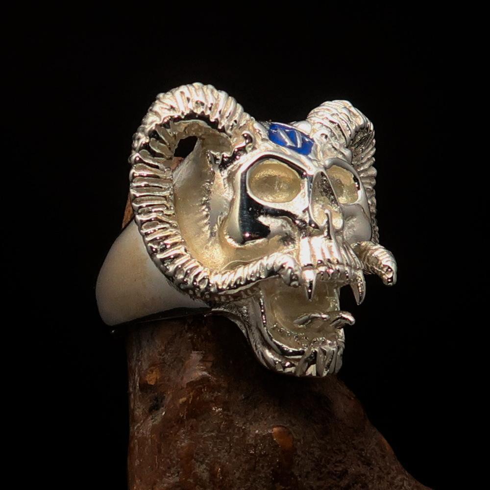 Excellent crafted Men's blue 1% Ram Skull Outlaw Ring - Sterling Silver-2