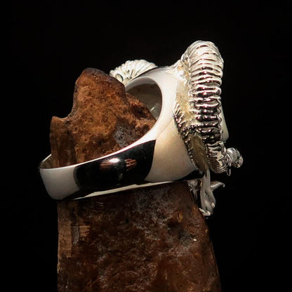 Excellent crafted Men's blue 1% Ram Skull Outlaw Ring - Sterling Silver-3