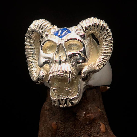 Excellent crafted Men's blue 1% Ram Skull Outlaw Ring - Sterling Silver-0