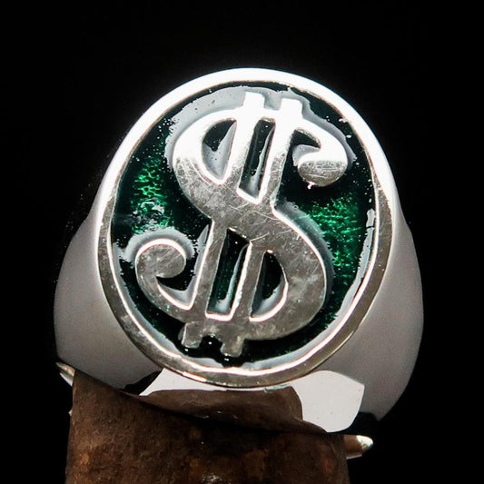 Excellent crafted Men's Currency Ring US Dollar Symbol Green - Sterling Silver-0
