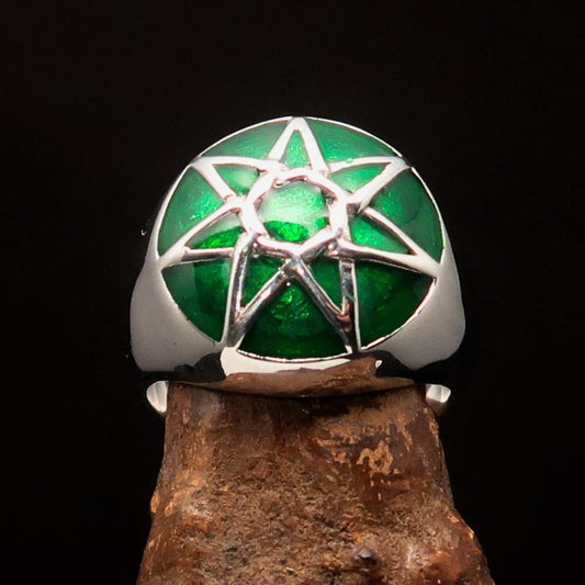 Nicely crafted domed Men's Heptagram Ring green Heptagon - Sterling Silver-1