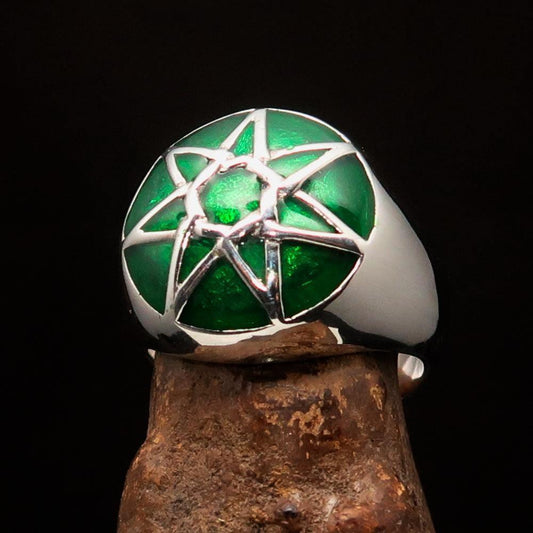 Nicely crafted domed Men's Heptagram Ring green Heptagon - Sterling Silver-0