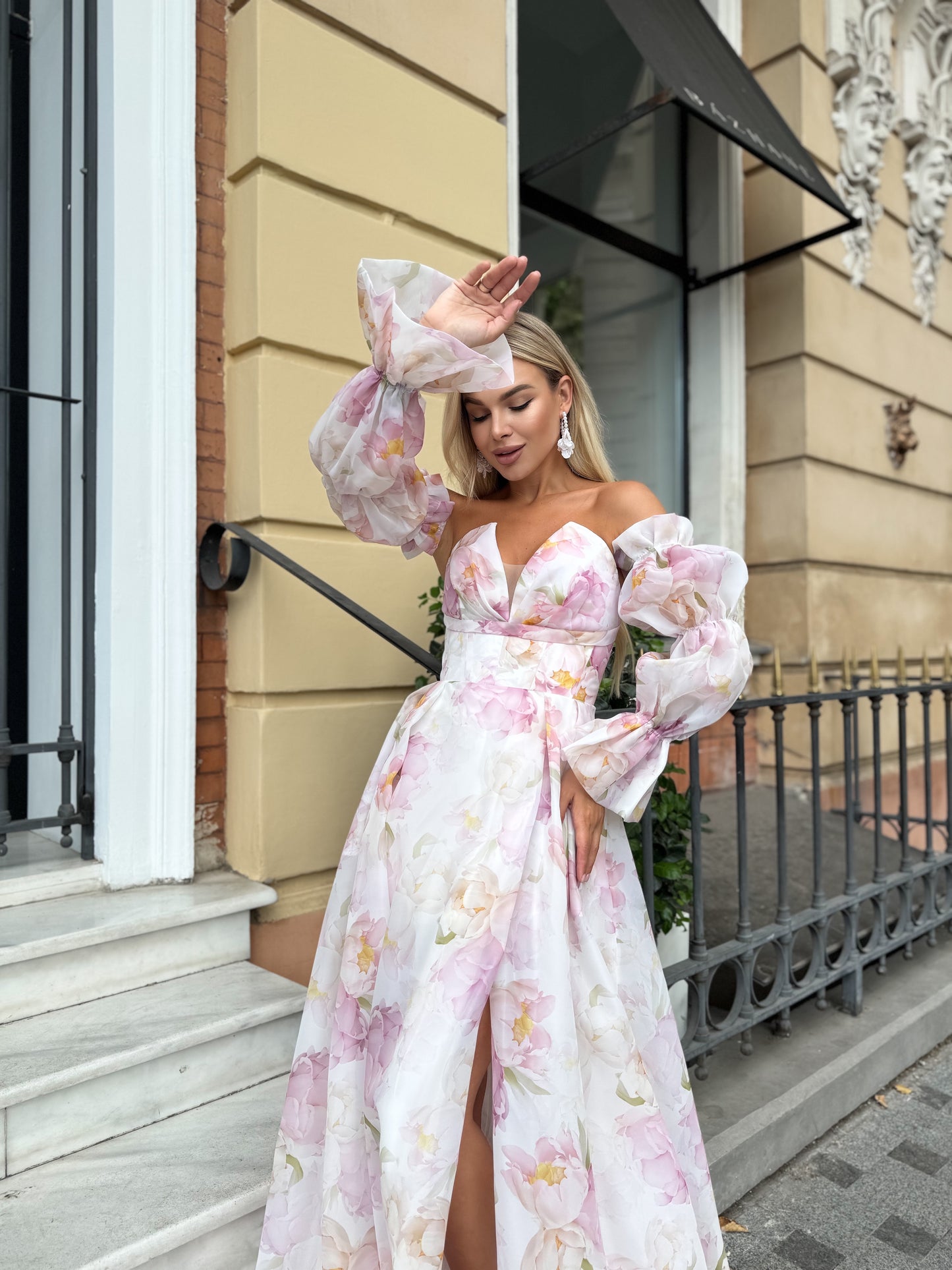 Custom made maxi floral dress- elegant wedding dress with detachable sleeves