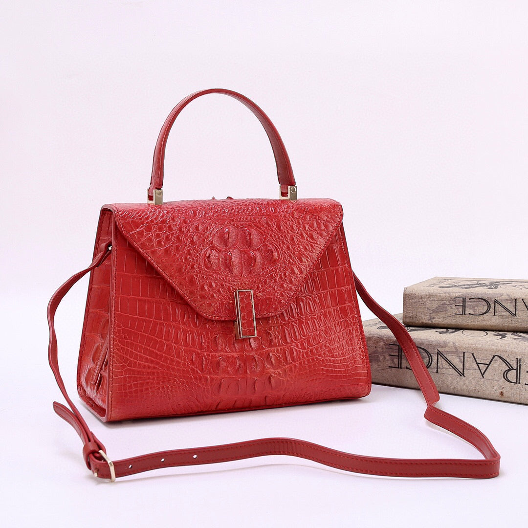 Genuine Crocodile Skin Bone Leather Top Handle Bags Red-1