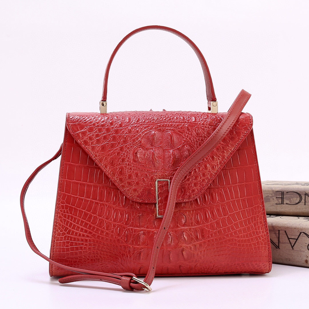 Genuine Crocodile Skin Bone Leather Top Handle Bags Red-0