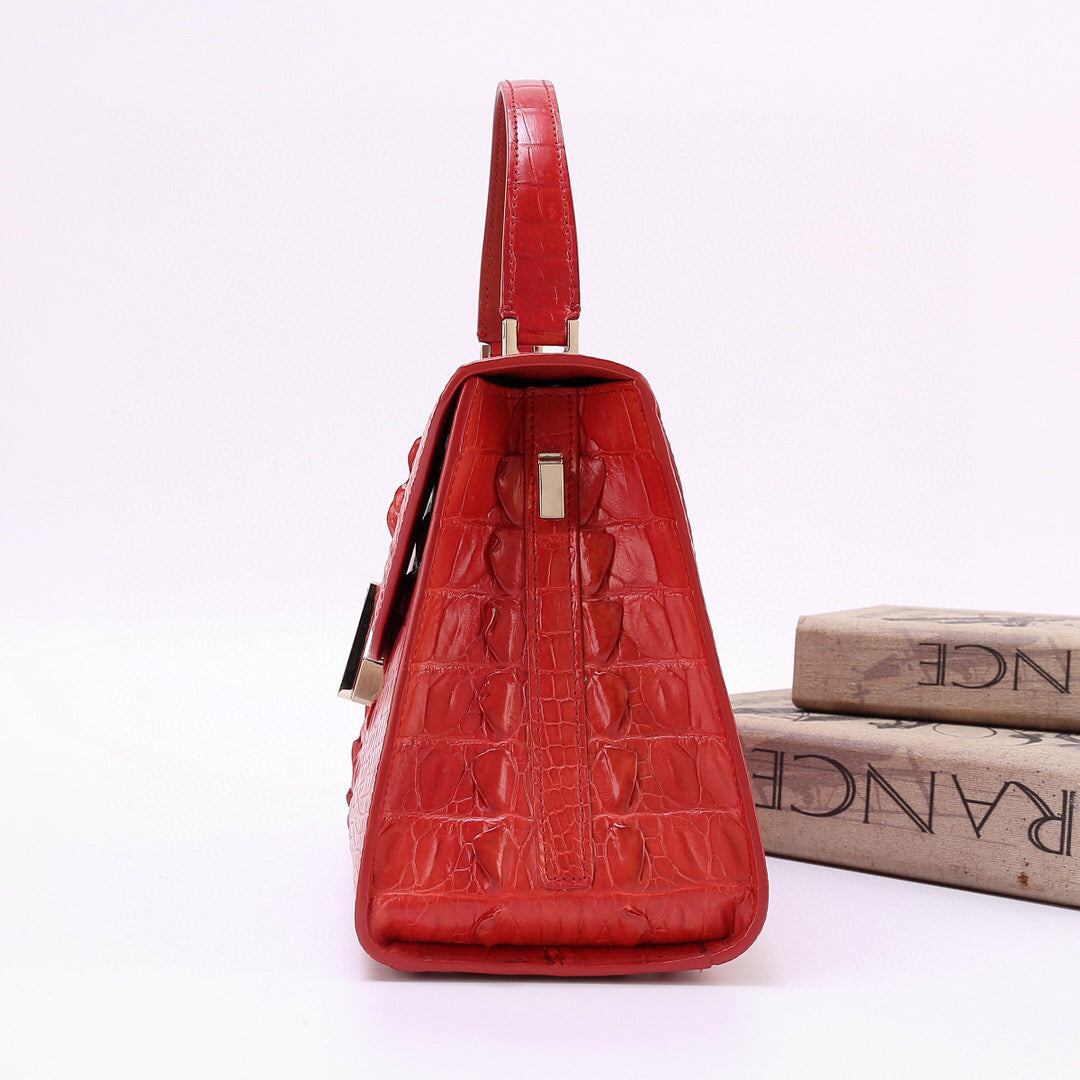 Genuine Crocodile Skin Bone Leather Top Handle Bags Red-2