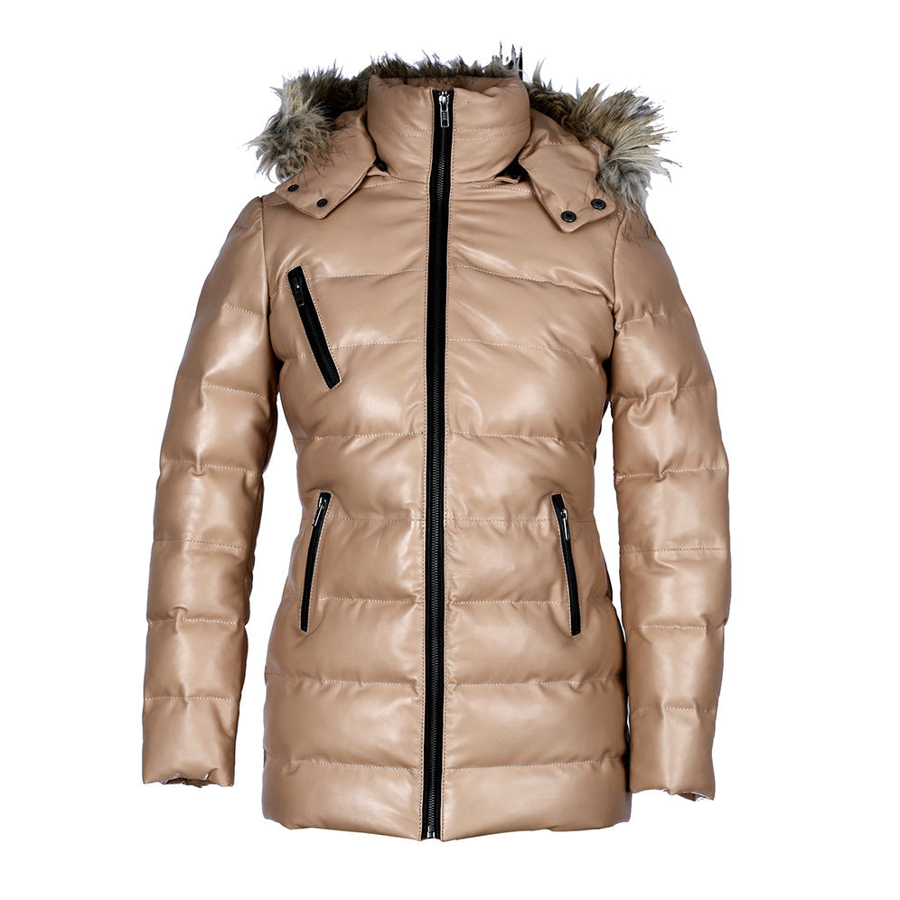 Women’s Selina Tan Puffer Leather Jacket with Faux Fur Hood – Genuine Sheepskin Bomber Coat-0