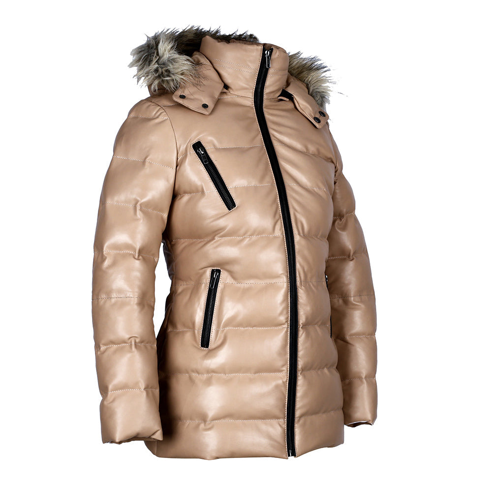 Women’s Selina Tan Puffer Leather Jacket with Faux Fur Hood – Genuine Sheepskin Bomber Coat-1