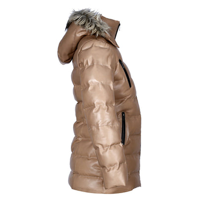 Women’s Selina Tan Puffer Leather Jacket with Faux Fur Hood – Genuine Sheepskin Bomber Coat-2