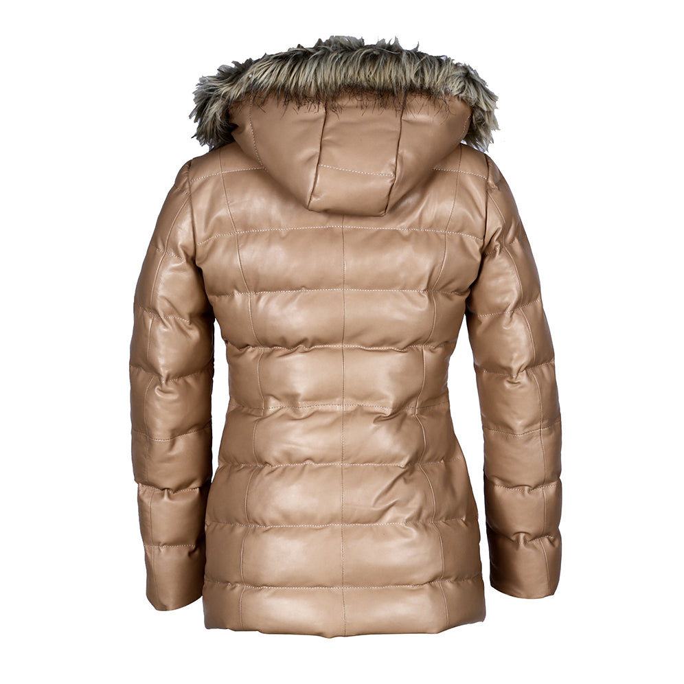 Women’s Selina Tan Puffer Leather Jacket with Faux Fur Hood – Genuine Sheepskin Bomber Coat-3