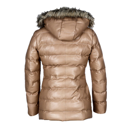 Women’s Selina Tan Puffer Leather Jacket with Faux Fur Hood – Genuine Sheepskin Bomber Coat-3