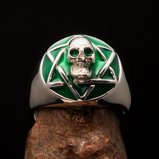 Excellent crafted domed Men's green Hexagram Skull Ring - Sterling Silver-1