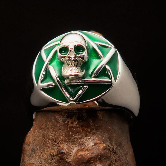 Excellent crafted domed Men's green Hexagram Skull Ring - Sterling Silver-0