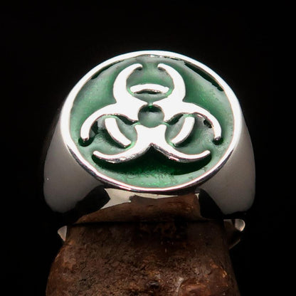 Nicely crafted Men's Biohazard Ring green Toxic Waste Symbol - Sterling Silver-1