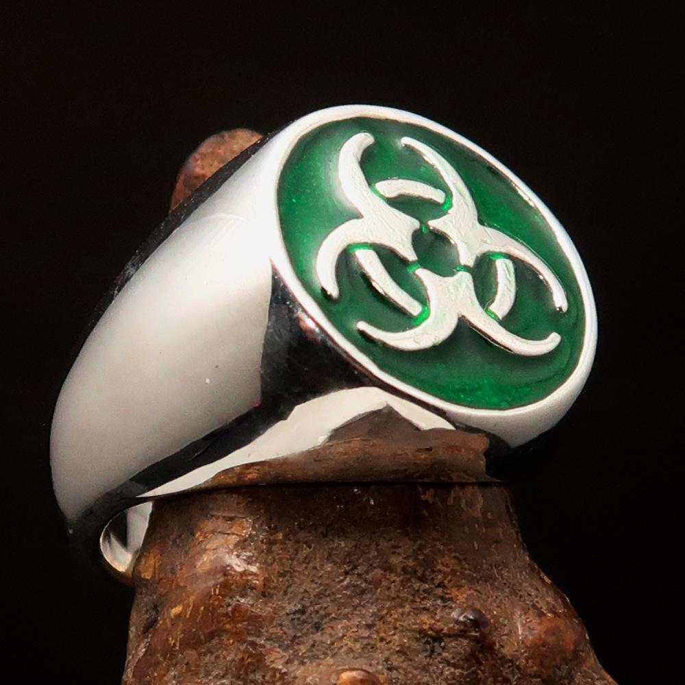 Nicely crafted Men's Biohazard Ring green Toxic Waste Symbol - Sterling Silver-2