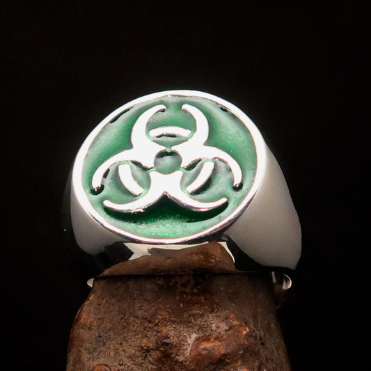 Nicely crafted Men's Biohazard Ring green Toxic Waste Symbol - Sterling Silver-0
