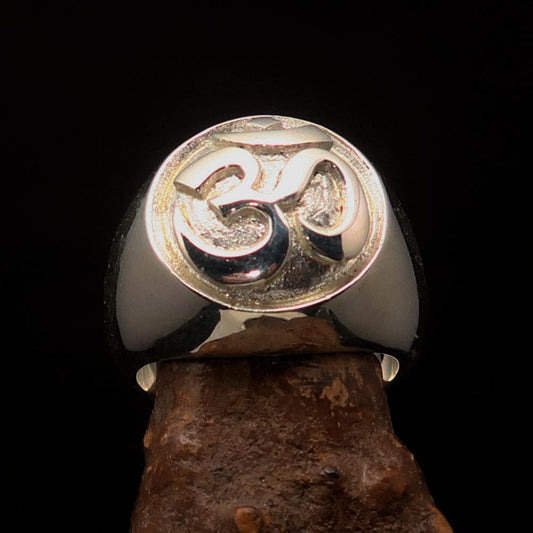 Nicely crafted domed Men's Buddhist Ring Aum Symbol - Two-Tone Matte Sterling Silver-0