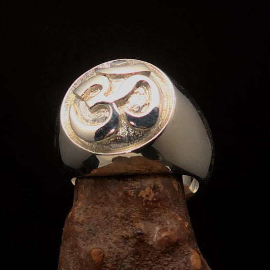Nicely crafted domed Men's Buddhist Ring Aum Symbol - Two-Tone Matte Sterling Silver-1