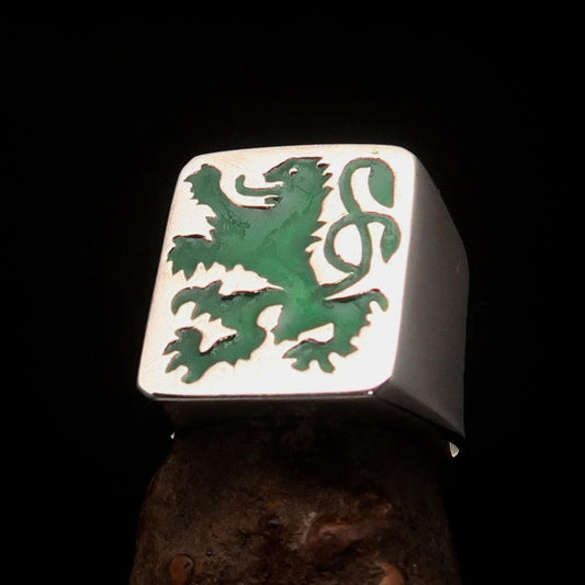 Perfectly crafted Men's Rampant Lion Ring green - Sterling Silver-0
