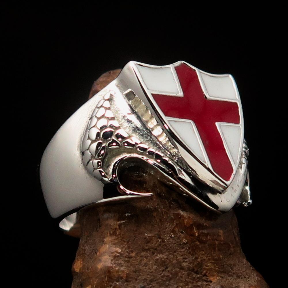 Men's Sterling Silver Shield Ring Flag of England Red Cross on White-0