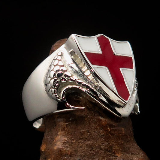 Men's Sterling Silver Shield Ring Flag of England Red Cross on White-0