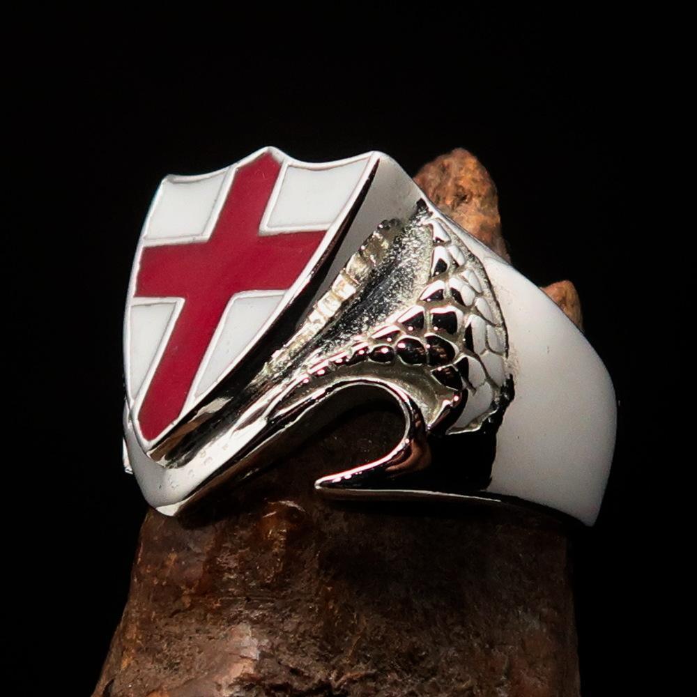 Men's Sterling Silver Shield Ring Flag of England Red Cross on White-4