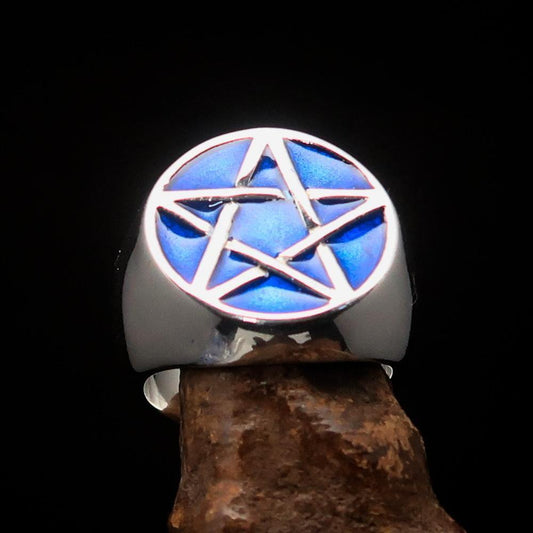 Excellent crafted Men's Pinky Ring dark blue Pentagram - Sterling Silver-1