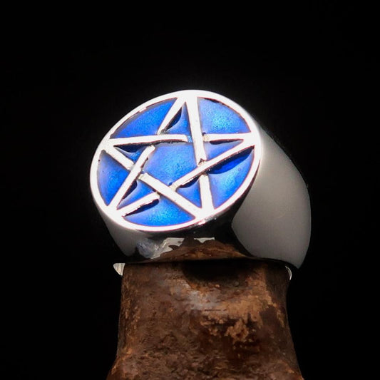 Excellent crafted Men's Pinky Ring dark blue Pentagram - Sterling Silver-0