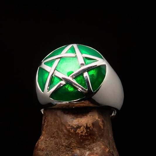 Excellent crafted Men's Pinky Ring domed Green Pentagram - Sterling Silver-0