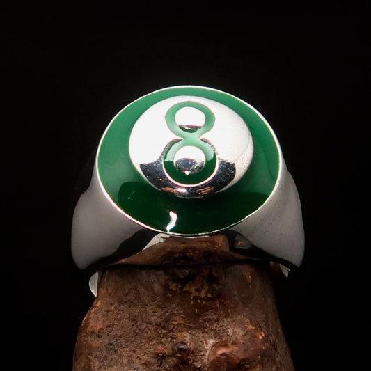Nicely crafted domed Men's Number Ring green 8 Eight- Sterling Silver-0