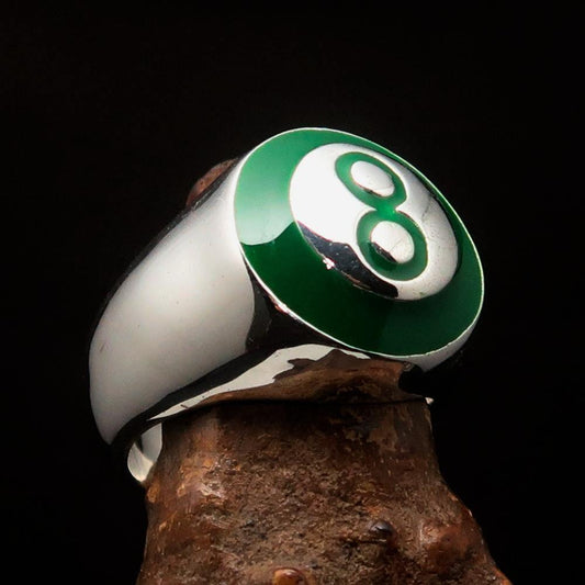 Nicely crafted domed Men's Number Ring green 8 Eight- Sterling Silver-1