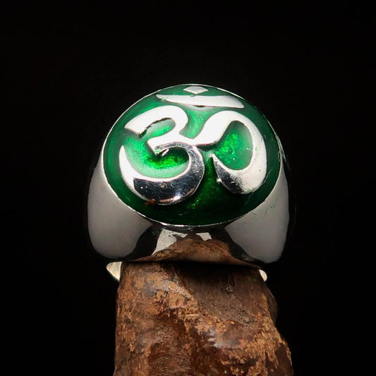 Nicely crafted domed Men's Buddhist Ring green Aum Symbol - Sterling Silver-0