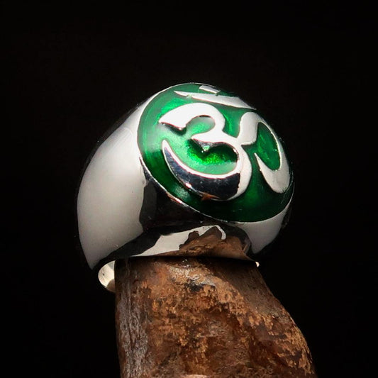 Nicely crafted domed Men's Buddhist Ring green Aum Symbol - Sterling Silver-1