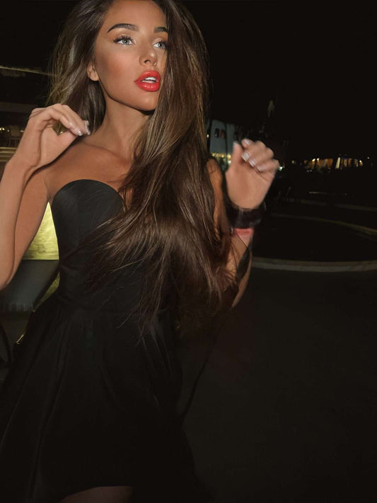 Chic Shoulder Bliss Short Dress with Circle Skirt and Corset Detail