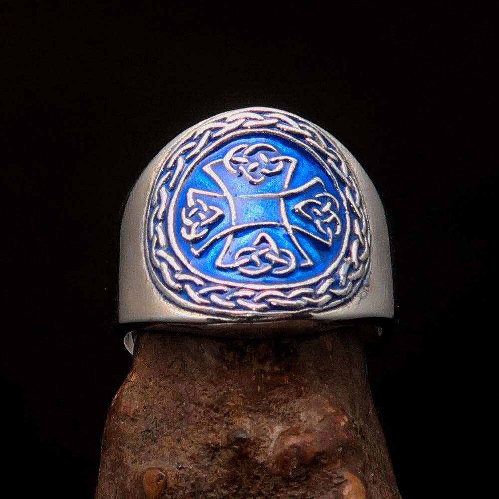Excellent crafted ancient blue Celtic Birgit's Cross Men's Ring - Sterling Silver-1