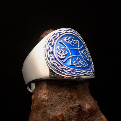 Excellent crafted ancient blue Celtic Birgit's Cross Men's Ring - Sterling Silver-2