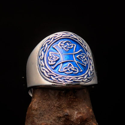 Excellent crafted ancient blue Celtic Birgit's Cross Men's Ring - Sterling Silver-0