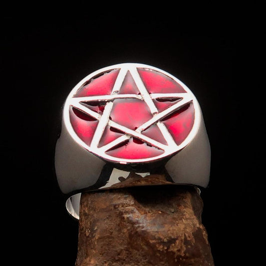 Excellent crafted Men's Wiccan Pinky Ring red Celtic Pentagram - Sterling Silver-1