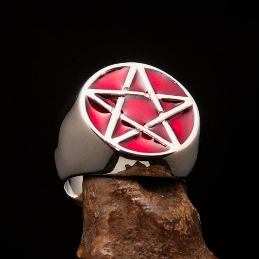 Excellent crafted Men's Wiccan Pinky Ring red Celtic Pentagram - Sterling Silver-0