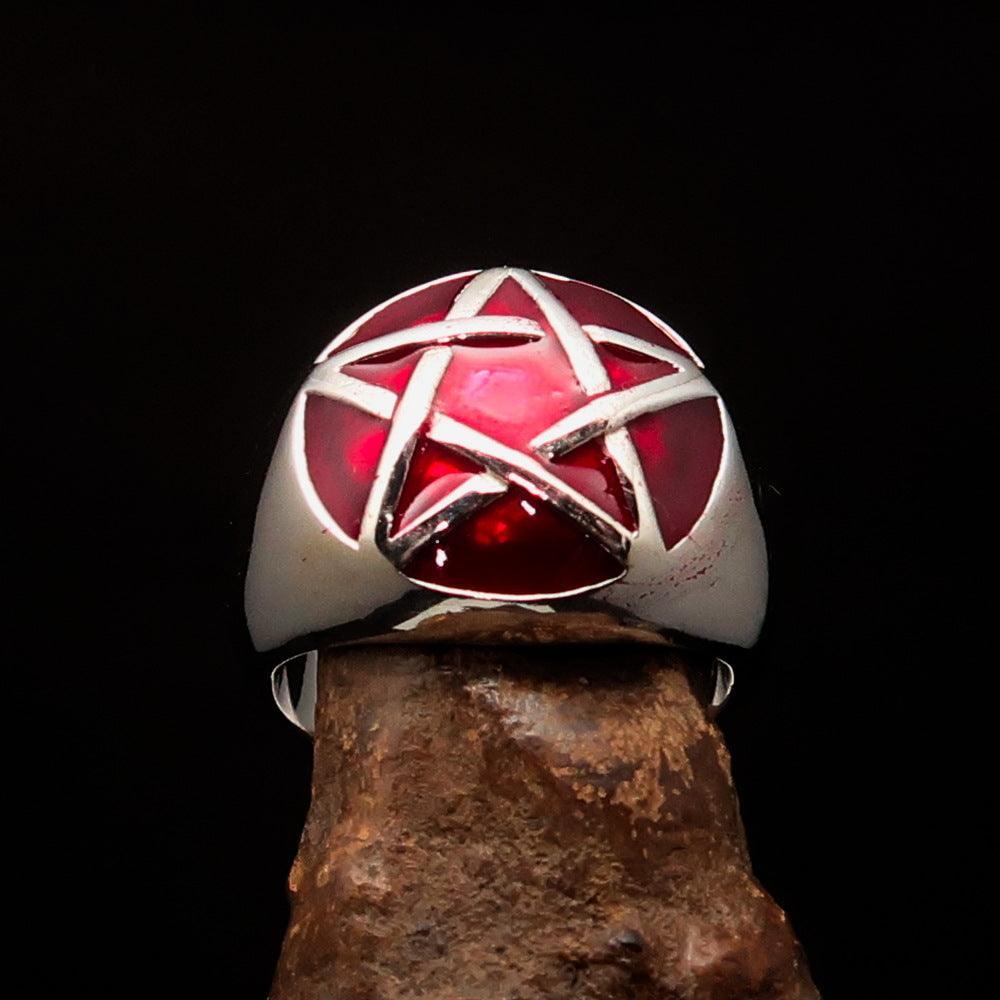 Excellent crafted Men's Pinky Ring domed red Pentagram - Sterling Silver-1