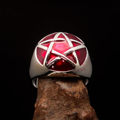 Excellent crafted Men's Pinky Ring domed red Pentagram - Sterling Silver-1