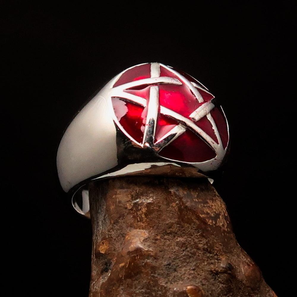 Excellent crafted Men's Pinky Ring domed red Pentagram - Sterling Silver-2