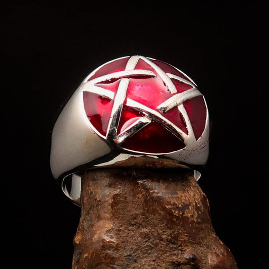 Excellent crafted Men's Pinky Ring domed red Pentagram - Sterling Silver-0