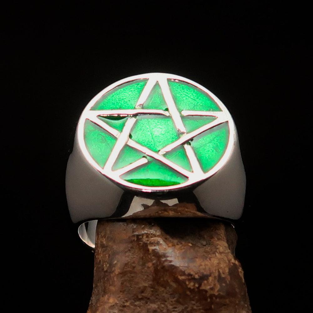 Excellent crafted Men's Pinky Ring green Pentagram - Sterling Silver-1