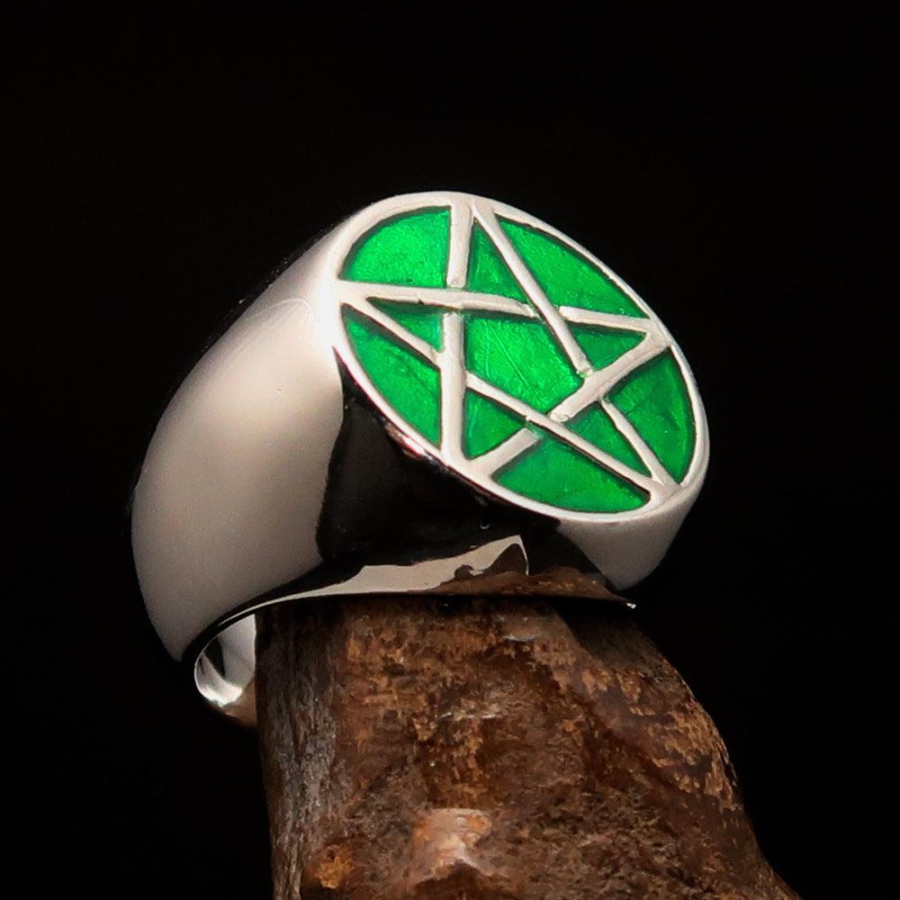 Excellent crafted Men's Pinky Ring green Pentagram - Sterling Silver-2