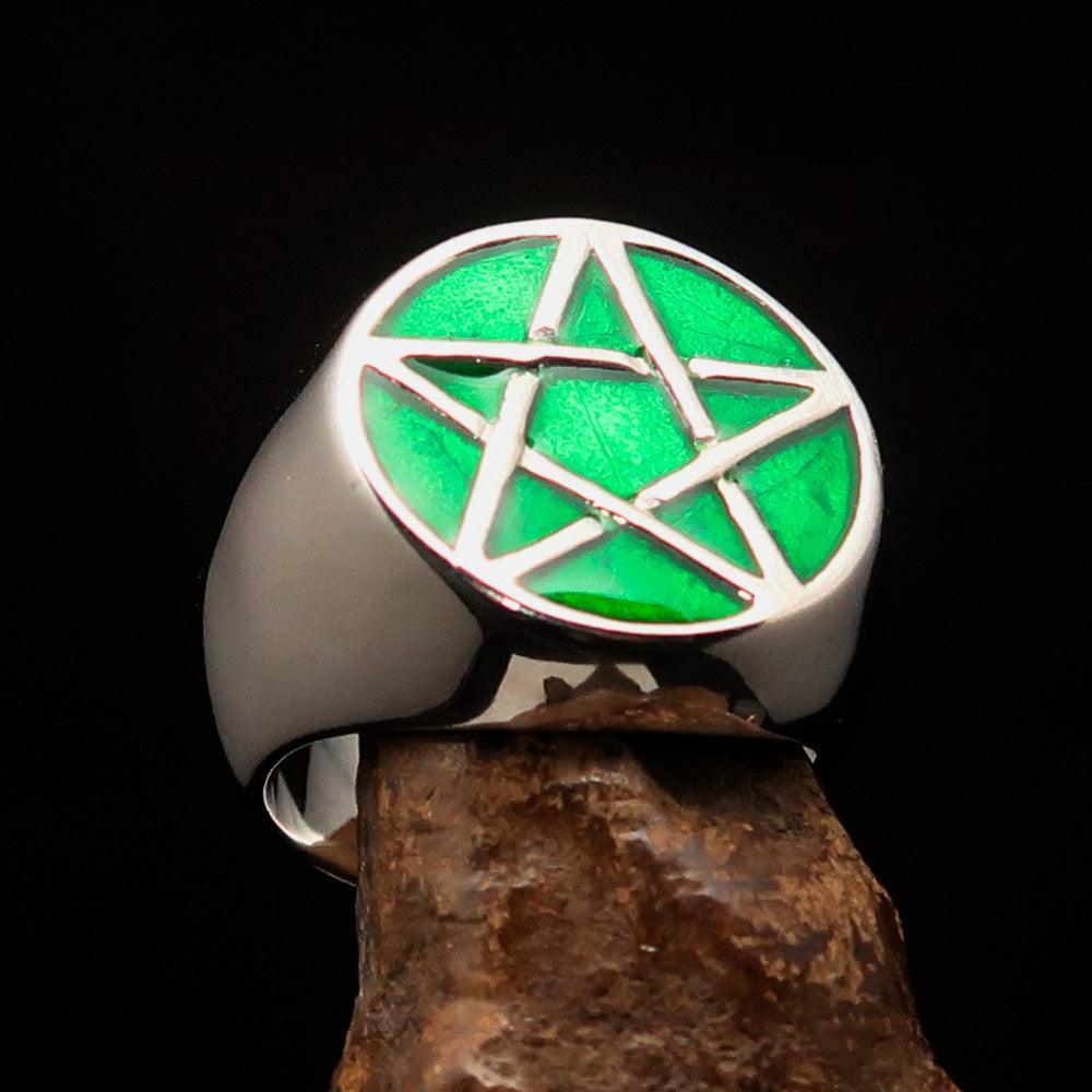 Excellent crafted Men's Pinky Ring green Pentagram - Sterling Silver-0