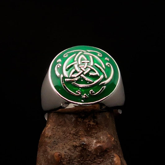 Excellent domed Men's Ring green Celtic Triquetra Knot - Sterling Silver-1